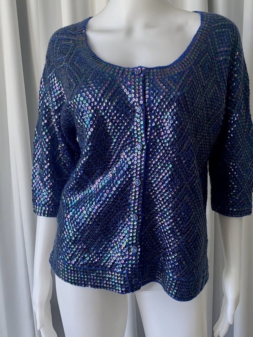 Free People Iridescent Navy Sequin Button-Front Top